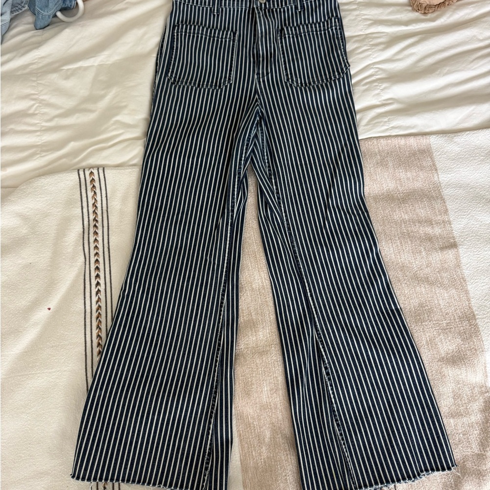 Striped High-Waist Flare Pants - Blue & White